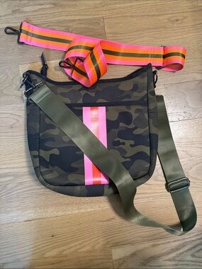 HAUTE SHORE Olive Camo Crossbody with Pink & Orange Stripes